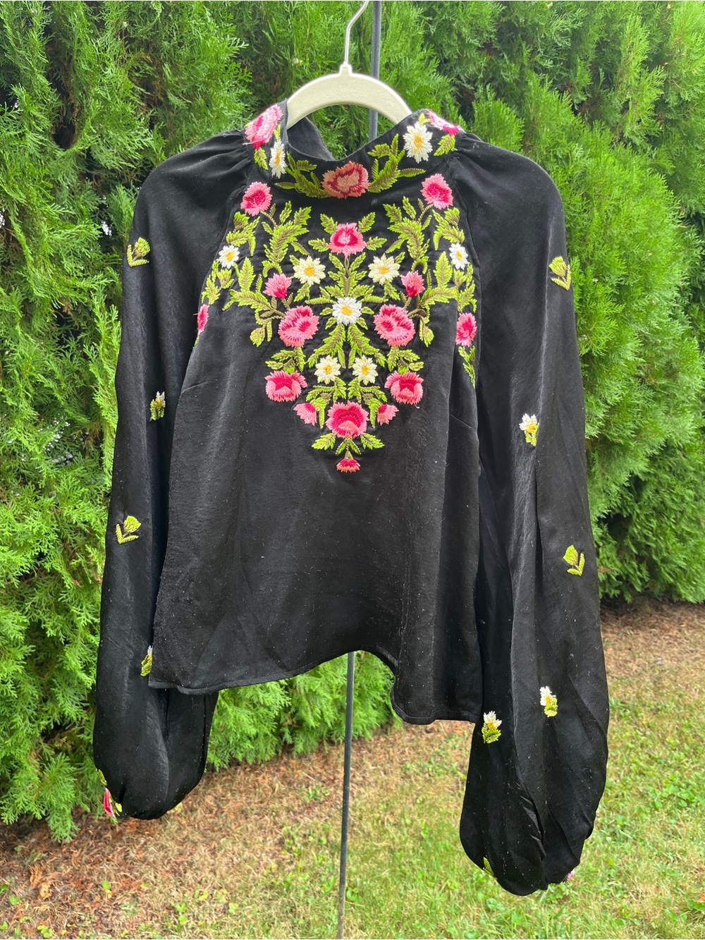 Free People Amazing Black Blouse with Pink and White Floral Embroidery